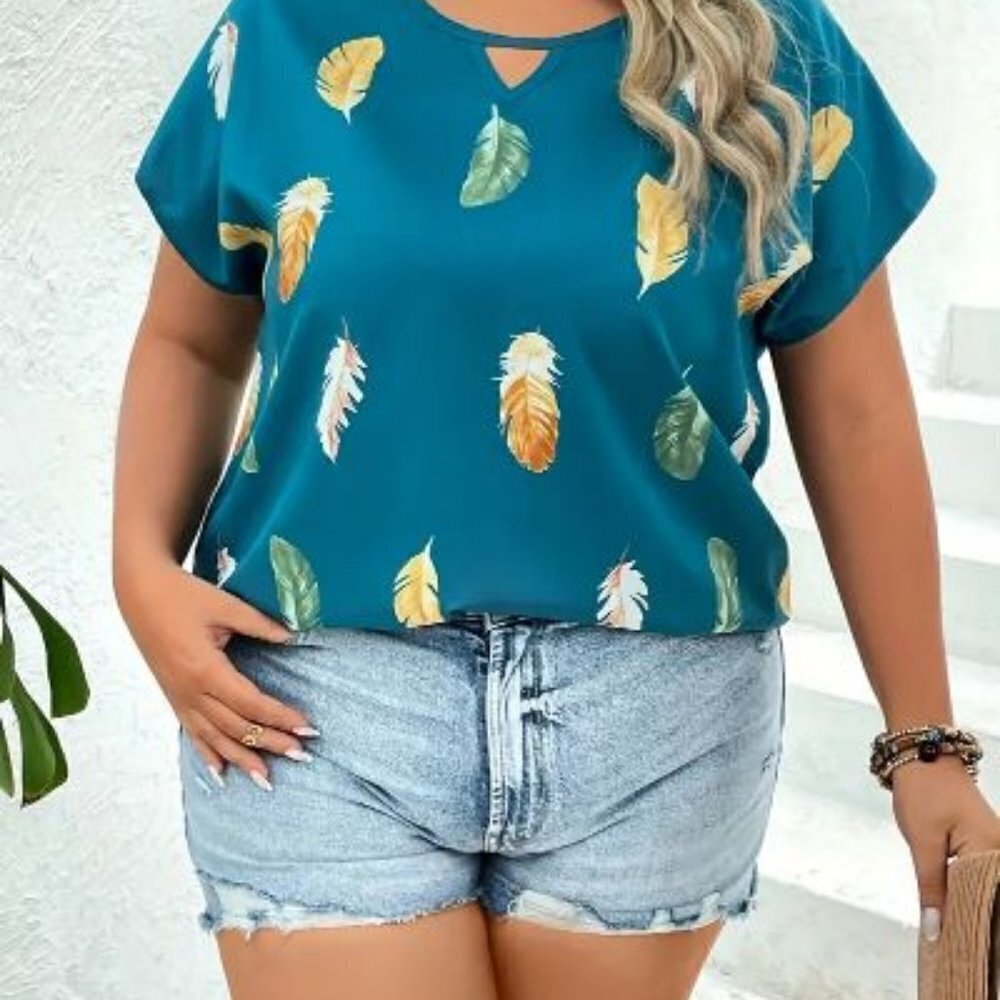 Plus Size Casual Blouse, Women's Plus Feather Print Cut Out Cap Sleeve  Blouse